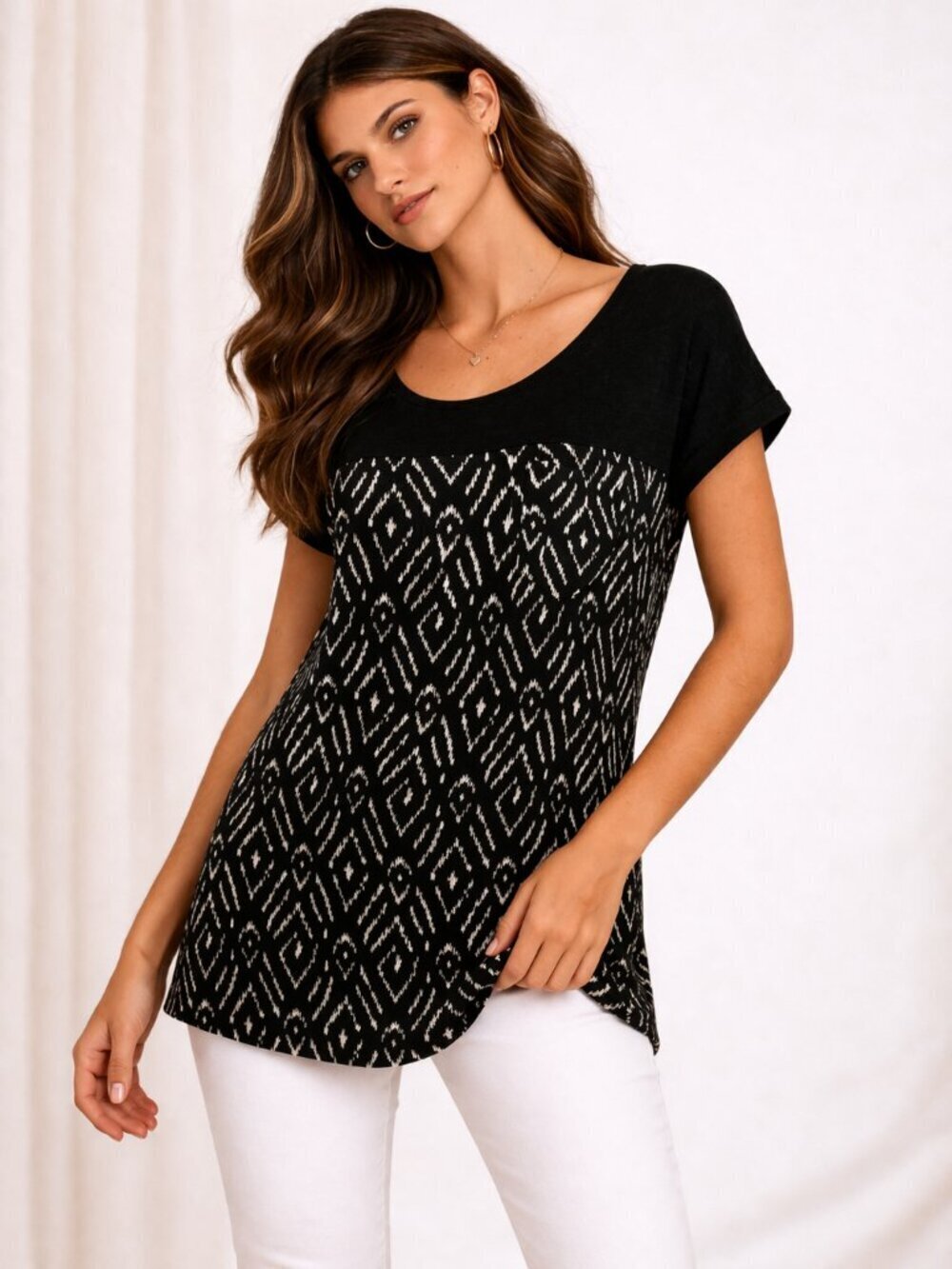 Anthro Meadow Rue Ikat Tunic Black Cream Chest Pocket Top S